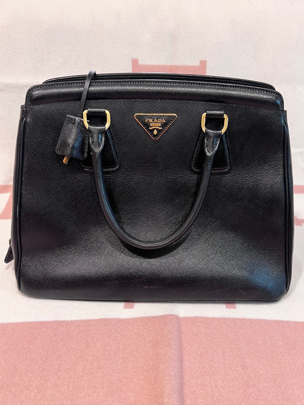 Prada Black Saffiano Satchel with Gold Hardware
